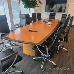 14' Maple w/ Grey Trim Boat Shaped Boardroom Table w/ Power